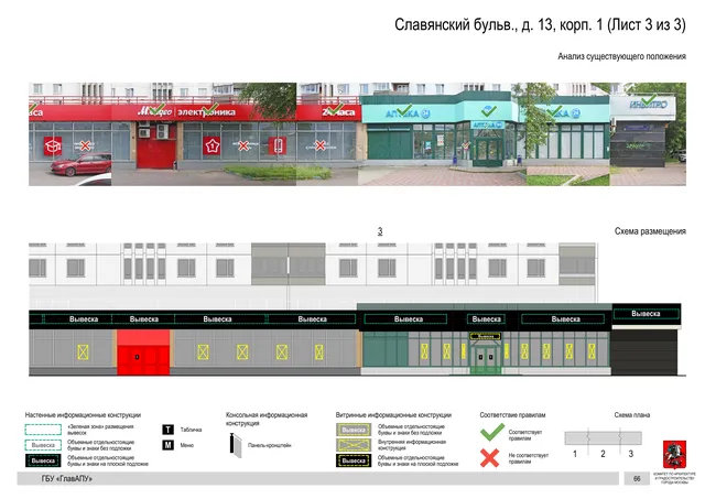 Архитектурная концепция размещения вывесок — Славянский бульв, 13, корп. 1, Москва, лист 3 из 3 · Документ по адресу · Архитектурно-художественная концепция · 2020 год