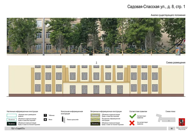 Садовая-Спасская ул., д. 8, стр. 1 · PDF 100 Архитектурная концепция размещения вывесок — Садовая-спасская улица, 8, стр. 1, Москва, страница PDF 100 · Документ по адресу · Архитектурно-художественная концепция