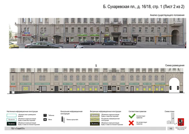 Архитектурная концепция размещения вывесок — Большая сухаревская площадь, 16/18, стр. 1, Москва, лист 2 из 2 · Документ по адресу · Архитектурно-художественная концепция