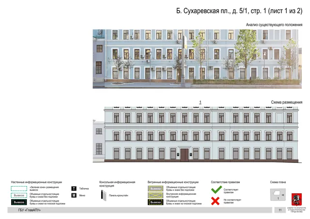 Архитектурная концепция размещения вывесок — Большая сухаревская площадь, 5/1, стр. 1, Москва, лист 1 из 2 · Документ по адресу · Архитектурно-художественная концепция