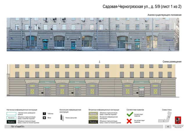 Архитектурная концепция размещения вывесок — Садовая-черногрязская улица, 5/9, Москва, лист 1 из 2 · Документ по адресу · Архитектурно-художественная концепция