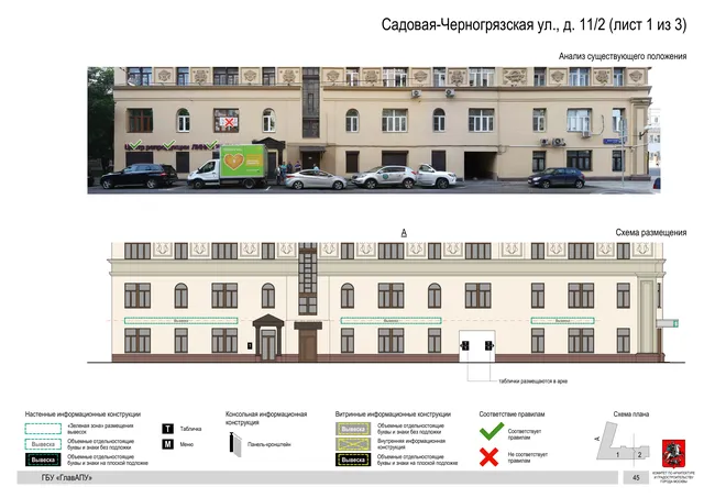 Архитектурная концепция размещения вывесок — Садовая-черногрязская улица, 11/2, Москва, лист 1 из 3 · Документ по адресу · Архитектурно-художественная концепция