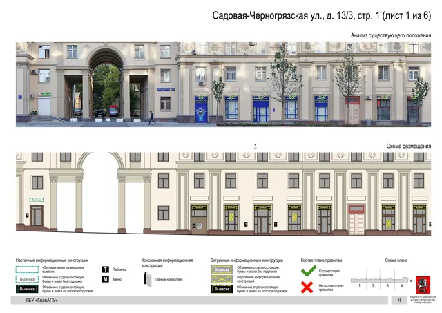 Архитектурная концепция размещения вывесок — Садовая-черногрязская улица, 13/3, стр. 1, Москва, лист 1 из 6 · Документ по адресу · Архитектурно-художественная концепция