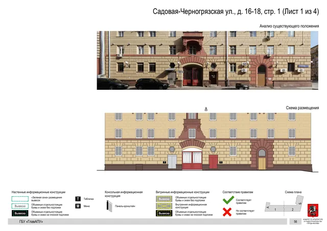 Архитектурная концепция размещения вывесок — Садовая-черногрязская улица, 16-18, стр. 1, Москва, лист 1 из 4 · Документ по адресу · Архитектурно-художественная концепция