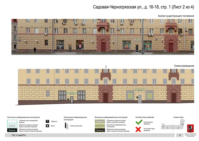 Архитектурная концепция размещения вывесок — Садовая-черногрязская улица, 16-18, стр. 1, Москва, лист 2 из 4 · Документ по адресу · Архитектурно-художественная концепция