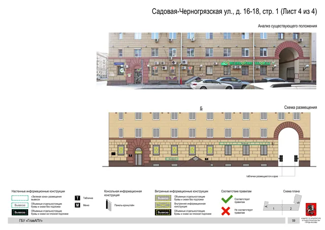 Архитектурная концепция размещения вывесок — Садовая-черногрязская улица, 16-18, стр. 1, Москва, лист 4 из 4 · Документ по адресу · Архитектурно-художественная концепция