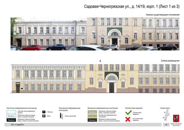 Архитектурная концепция размещения вывесок — Садовая-черногрязская улица, 14/19, корп. 1, Москва, лист 1 из 3 · Документ по адресу · Архитектурно-художественная концепция