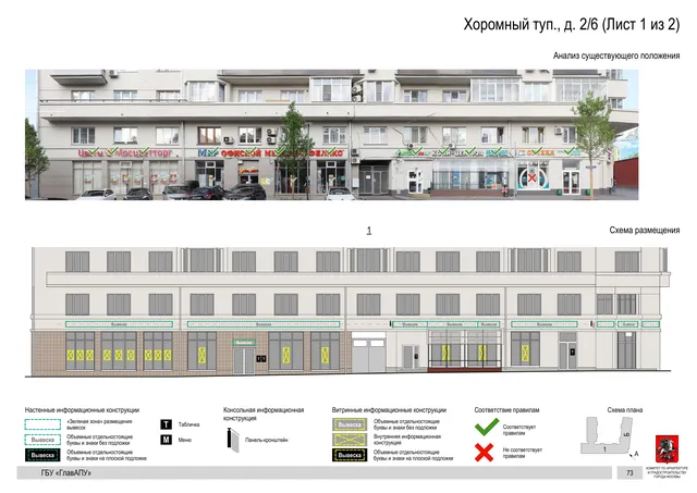 Архитектурная концепция размещения вывесок — Хоромный туп, 2/6, Москва, лист 1 из 2 · Документ по адресу · Архитектурно-художественная концепция