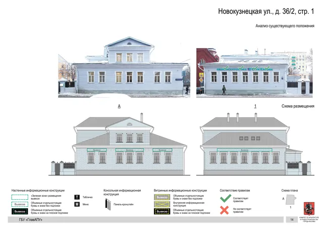 Архитектурная концепция размещения вывесок — Новокузнецкая улица, 36/2, стр. 1, Москва, страница PDF 14 · Документ по адресу · Архитектурно-художественная концепция · 2018 год