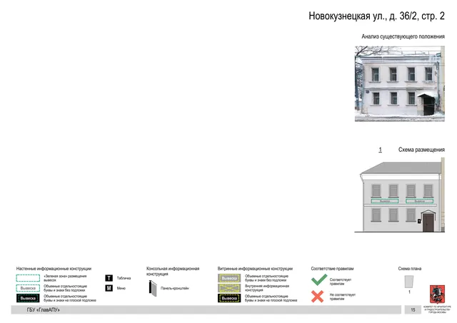 Архитектурная концепция размещения вывесок — Новокузнецкая улица, 36/2, стр. 2, Москва, страница PDF 15 · Документ по адресу · Архитектурно-художественная концепция · 2018 год