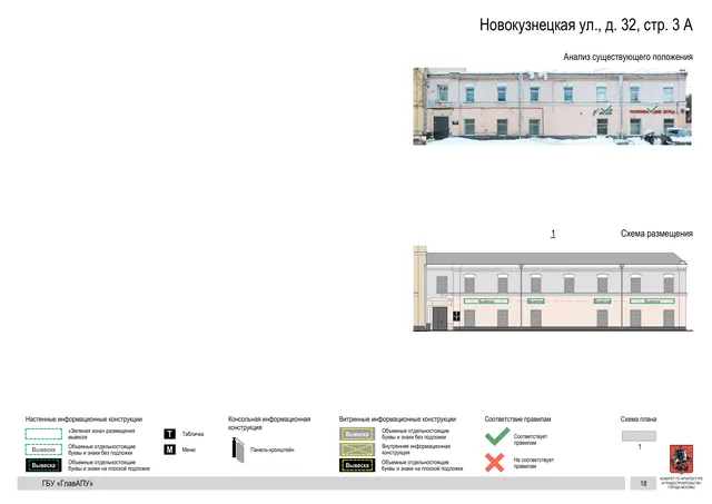 Архитектурная концепция размещения вывесок — Новокузнецкая улица, 32, стр. 3А, Москва, страница PDF 18 · Документ по адресу · Архитектурно-художественная концепция · 2018 год