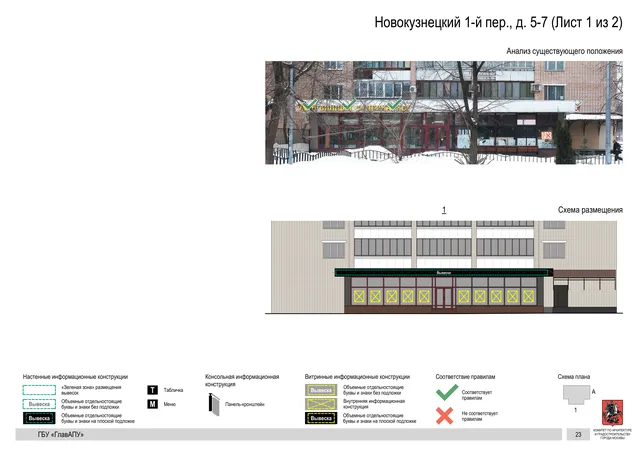 Архитектурная концепция размещения вывесок — Новокузнецкий 1-й переулок, 5-7, Москва, лист 1 из 2 · Документ по адресу · Архитектурно-художественная концепция · 2018 год