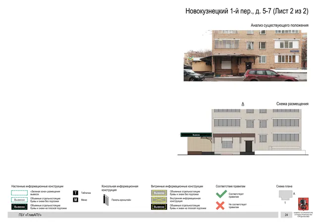 Архитектурная концепция размещения вывесок — Новокузнецкий 1-й переулок, 5-7, Москва, лист 2 из 2 · Документ по адресу · Архитектурно-художественная концепция · 2018 год