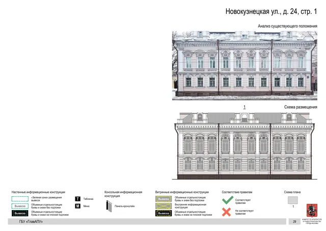 Архитектурная концепция размещения вывесок — Новокузнецкая улица, 24, стр. 1, Москва, страница PDF 29 · Документ по адресу · Архитектурно-художественная концепция · 2018 год