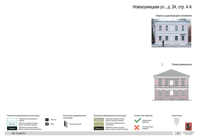 Архитектурная концепция размещения вывесок — Новокузнецкая улица, 24, стр. 4А, Москва, страница PDF 30 · Документ по адресу · Архитектурно-художественная концепция · 2018 год