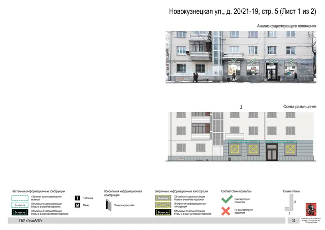 Архитектурная концепция размещения вывесок — Новокузнецкая улица, 20/21-19, стр. 5, Москва, лист 1 из 2 · Документ по адресу · Архитектурно-художественная концепция · 2018 год