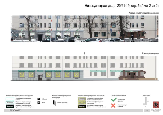 Архитектурная концепция размещения вывесок — Новокузнецкая улица, 20/21-19, стр. 5, Москва, лист 2 из 2 · Документ по адресу · Архитектурно-художественная концепция · 2018 год