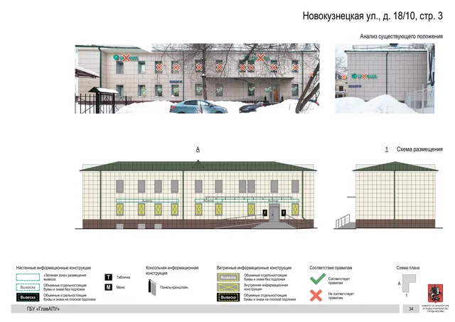 Архитектурная концепция размещения вывесок — Новокузнецкая улица, 18/10, стр. 3, Москва, страница PDF 34 · Документ по адресу · Архитектурно-художественная концепция · 2018 год
