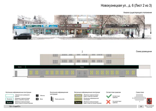 Архитектурная концепция размещения вывесок — Новокузнецкая улица, 6, Москва, лист 2 из 3 · Документ по адресу · Архитектурно-художественная концепция · 2018 год