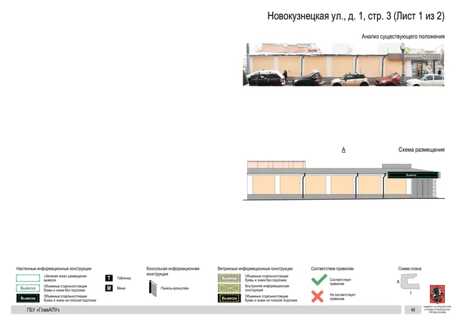 Архитектурная концепция размещения вывесок — Новокузнецкая улица, 1, стр. 3, Москва, лист 1 из 2 · Документ по адресу · Архитектурно-художественная концепция · 2018 год