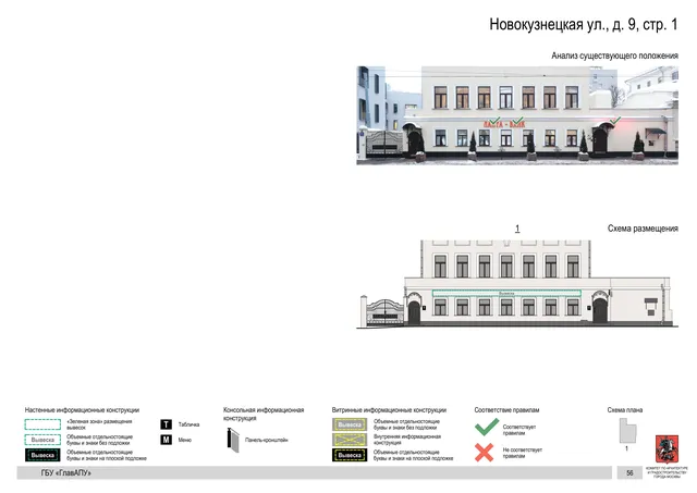 Архитектурная концепция размещения вывесок — Новокузнецкая улица, 9, стр. 1, Москва, страница PDF 56 · Документ по адресу · Архитектурно-художественная концепция · 2018 год