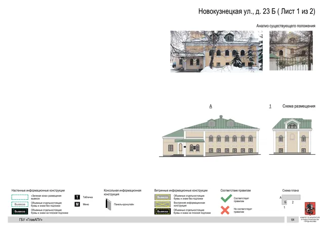Архитектурная концепция размещения вывесок — Новокузнецкая улица, 23Б, Москва, лист 1 из 2 · Документ по адресу · Архитектурно-художественная концепция · 2018 год