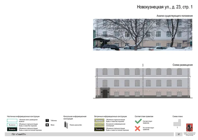 Архитектурная концепция размещения вывесок — Новокузнецкая улица, 23, стр. 1, Москва, страница PDF 67 · Документ по адресу · Архитектурно-художественная концепция · 2018 год