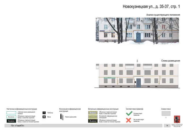 Архитектурная концепция размещения вывесок — Новокузнецкая улица, 35-37, стр. 1, Москва, страница PDF 74 · Документ по адресу · Архитектурно-художественная концепция · 2018 год