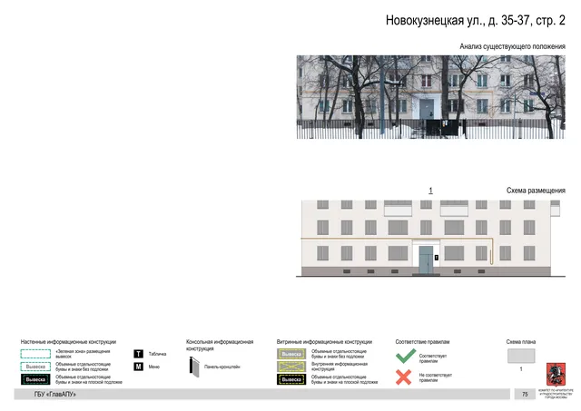Архитектурная концепция размещения вывесок — Новокузнецкая улица, 35-37, стр. 2, Москва, страница PDF 75 · Документ по адресу · Архитектурно-художественная концепция · 2018 год