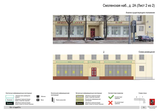 Архитектурная концепция размещения вывесок — Смоленская набережная, 2А, Москва, лист 2 из 2 · Документ по адресу · Архитектурно-художественная концепция · 2019 год