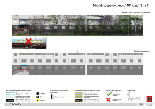 Архитектурная концепция размещения вывесок — 14-й микрорайон, корп. 1401, Москва, лист 3 из 4 · Документ по адресу · Архитектурно-художественная концепция · 2016 год
