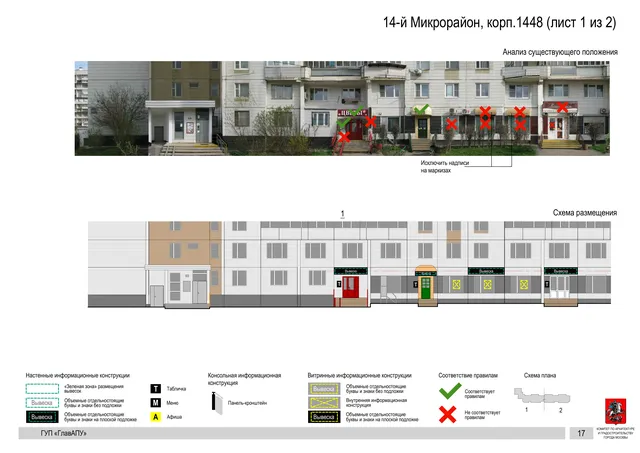 Архитектурная концепция размещения вывесок — 14-й микрорайон, корп. 1448, Москва, лист 1 из 2 · Документ по адресу · Архитектурно-художественная концепция · 2016 год