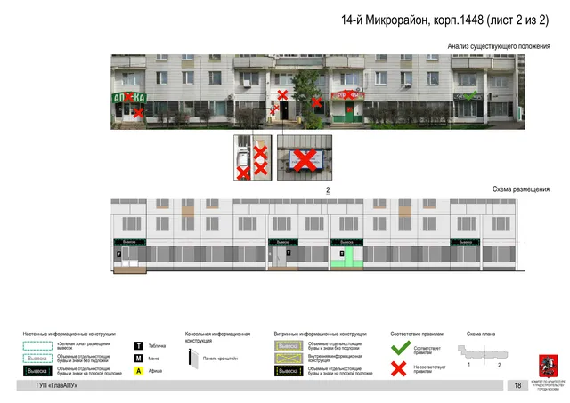 Архитектурная концепция размещения вывесок — 14-й микрорайон, корп. 1448, Москва, лист 2 из 2 · Документ по адресу · Архитектурно-художественная концепция · 2016 год