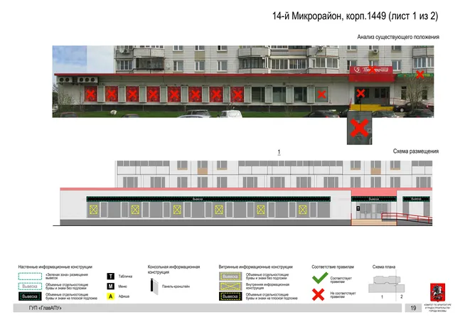 Архитектурная концепция размещения вывесок — 14-й микрорайон, корп. 1449, Москва, лист 1 из 2 · Документ по адресу · Архитектурно-художественная концепция · 2016 год