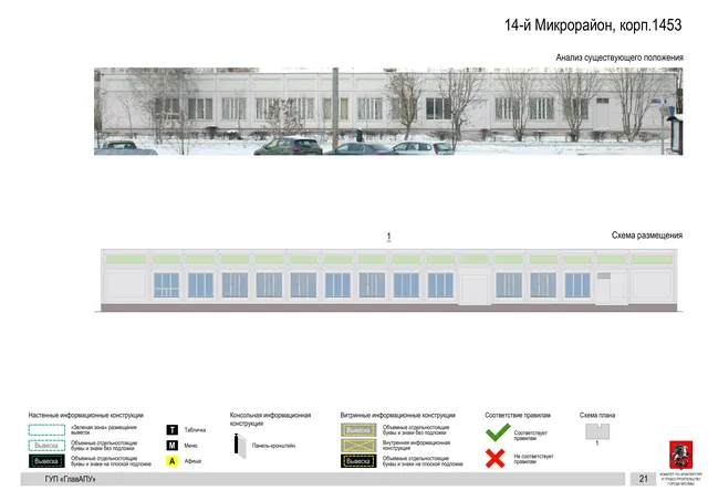 Архитектурная концепция размещения вывесок — 14-й микрорайон, корп. 1453, Москва, страница PDF 21 · Документ по адресу · Архитектурно-художественная концепция · 2016 год