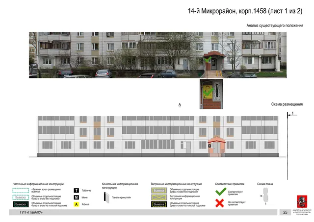 Архитектурная концепция размещения вывесок — 14-й микрорайон, корп. 1458, Москва, лист 1 из 2 · Документ по адресу · Архитектурно-художественная концепция · 2016 год