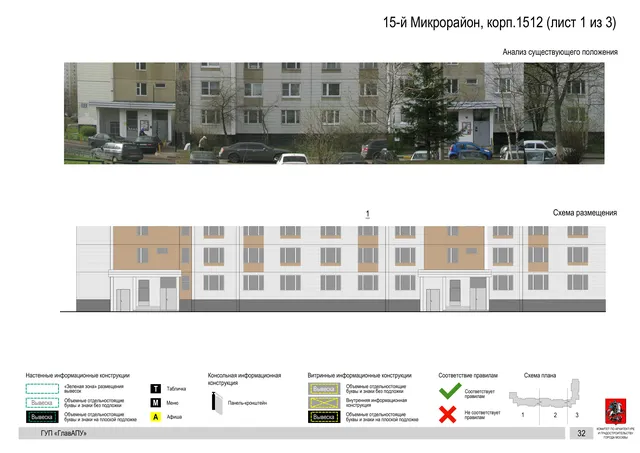 Архитектурная концепция размещения вывесок — 15-й микрорайон, корп. 1512, Москва, лист 1 из 3 · Документ по адресу · Архитектурно-художественная концепция · 2016 год