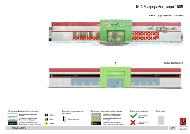 Архитектурная концепция размещения вывесок — 15-й микрорайон, корп. 1508, Москва, страница PDF 37 · Документ по адресу · Архитектурно-художественная концепция · 2016 год