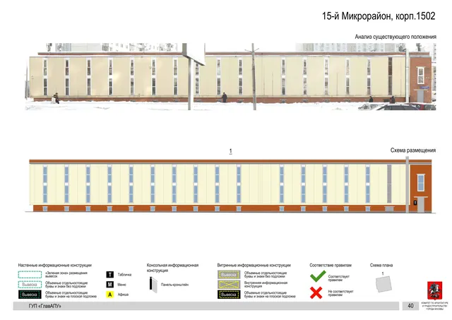 Архитектурная концепция размещения вывесок — 15-й микрорайон, корп. 1502, Москва, страница PDF 40 · Документ по адресу · Архитектурно-художественная концепция · 2016 год