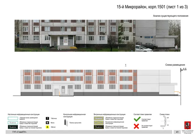 Архитектурная концепция размещения вывесок — 15-й микрорайон, корп. 1501, Москва, лист 1 из 3 · Документ по адресу · Архитектурно-художественная концепция · 2016 год