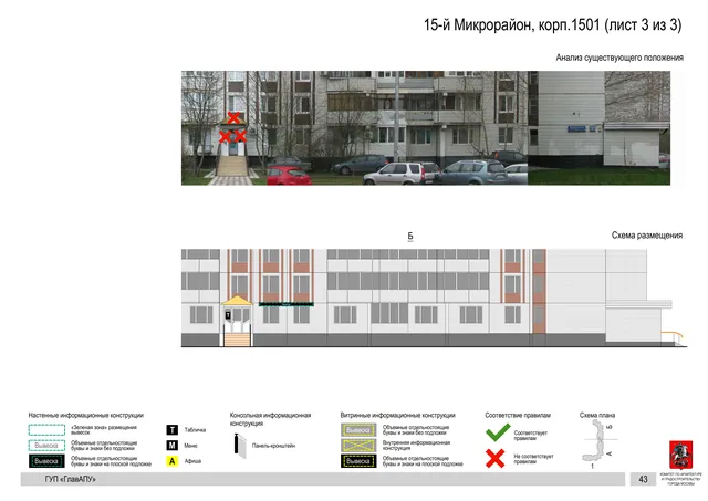 Архитектурная концепция размещения вывесок — 15-й микрорайон, корп. 1501, Москва, лист 3 из 3 · Документ по адресу · Архитектурно-художественная концепция · 2016 год