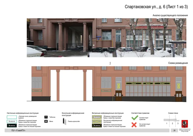 Архитектурная концепция размещения вывесок — Спартаковская улица, 6, Москва, лист 1 из 3 · Документ по адресу · Архитектурно-художественная концепция · 2019 год