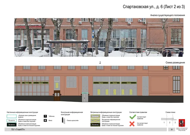 Архитектурная концепция размещения вывесок — Спартаковская улица, 6, Москва, лист 2 из 3 · Документ по адресу · Архитектурно-художественная концепция · 2019 год