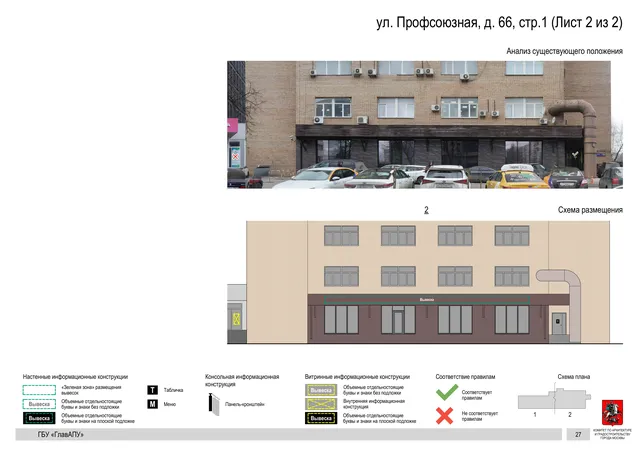 Архитектурная концепция размещения вывесок — Профсоюзная улица, 66, стр. 1, Москва, лист 2 из 2 · Документ с наиболее поздним указанным годом · Архитектурно-художественная концепция · 2020 год