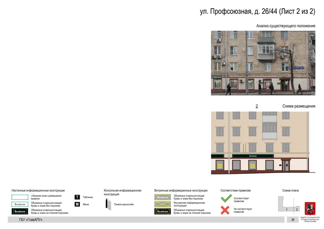 Архитектурная концепция размещения вывесок — Профсоюзная улица, 26/44, Москва, лист 2 из 2 · Документ с наиболее поздним указанным годом · Архитектурно-художественная концепция · 2020 год