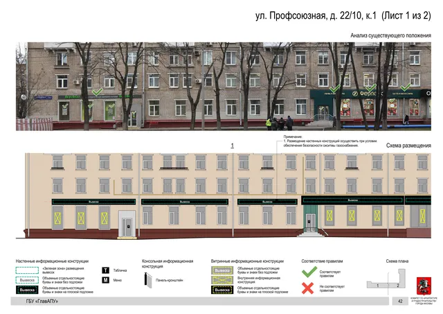 Архитектурная концепция размещения вывесок — Профсоюзная улица, 22/10, корп. 1, Москва, лист 1 из 2 · Документ по адресу · Архитектурно-художественная концепция · 2020 год