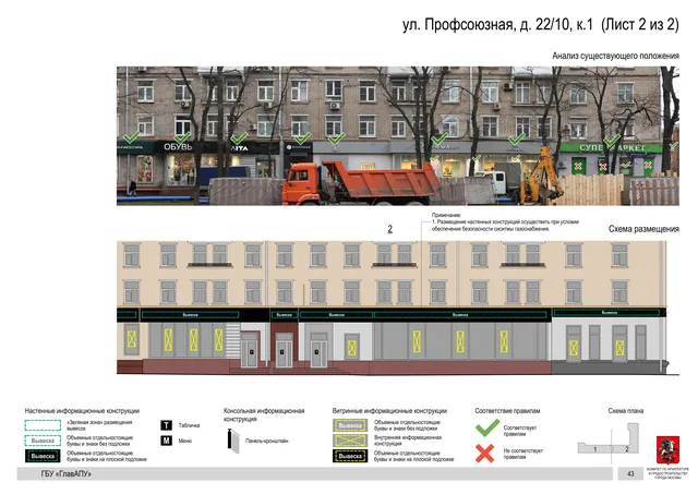 Архитектурная концепция размещения вывесок — Профсоюзная улица, 22/10, корп. 1, Москва, лист 2 из 2 · Документ по адресу · Архитектурно-художественная концепция · 2020 год