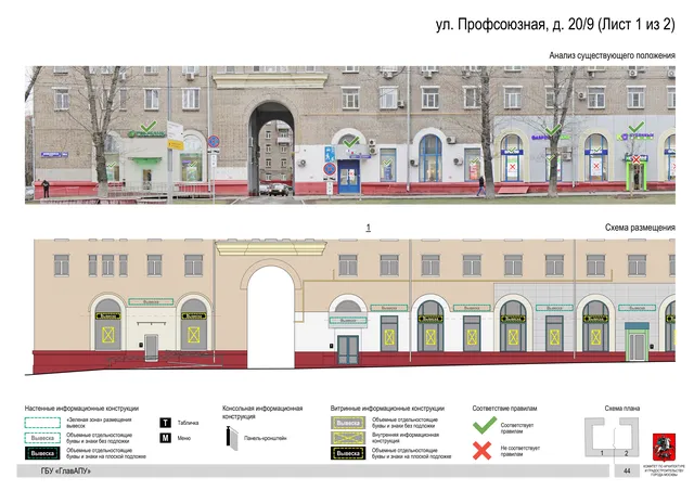 Архитектурная концепция размещения вывесок — Профсоюзная улица, 20/9, Москва, лист 1 из 2 · Документ по адресу · Архитектурно-художественная концепция · 2020 год