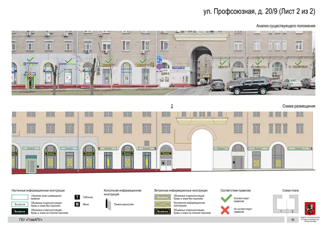Архитектурная концепция размещения вывесок — Профсоюзная улица, 20/9, Москва, лист 2 из 2 · Документ по адресу · Архитектурно-художественная концепция · 2020 год