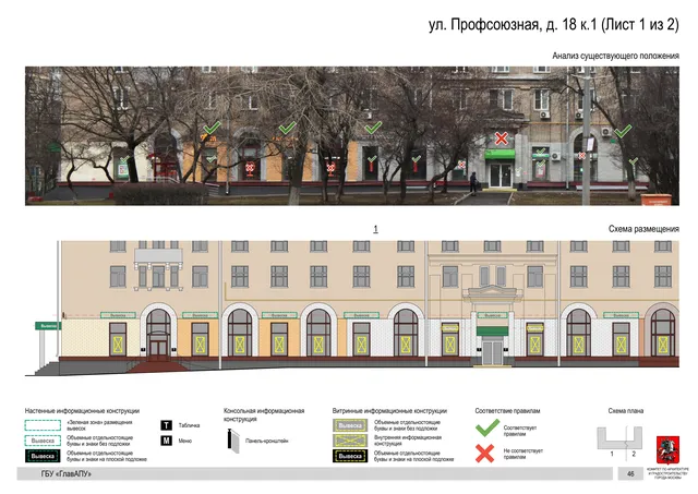 Архитектурная концепция размещения вывесок — Профсоюзная улица, 18, корп. 1, Москва, лист 1 из 2 · Документ по адресу · Архитектурно-художественная концепция · 2020 год
